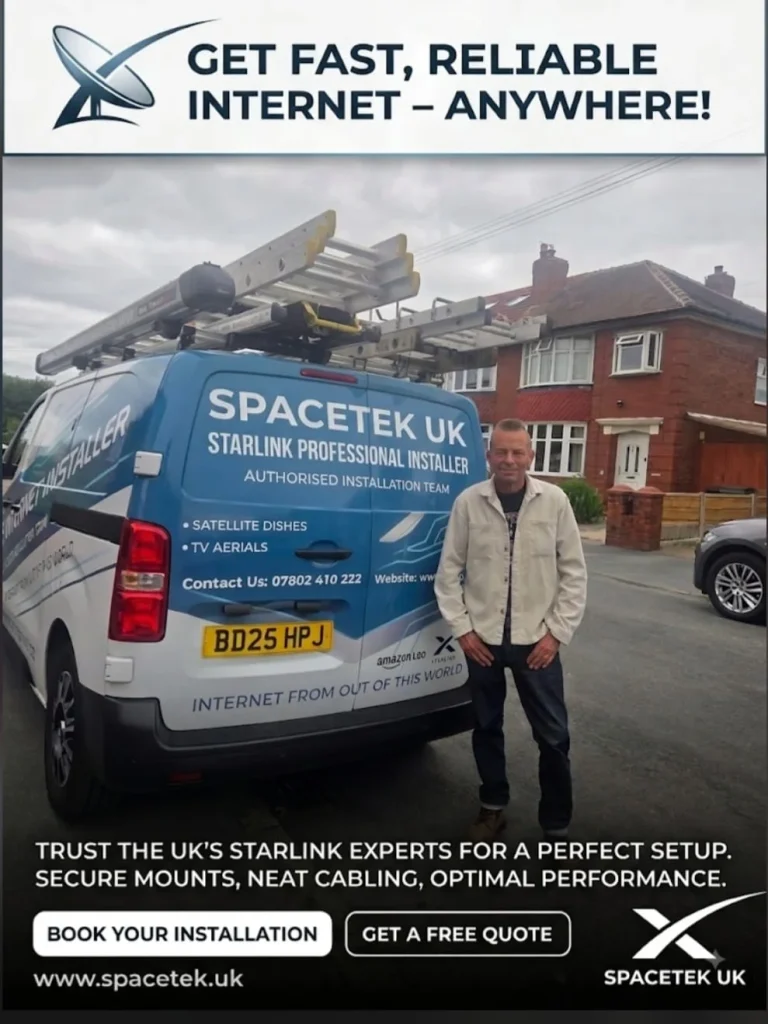 Advertising van for SPACETEK UK with a ladder rack and a man standing beside it; prominent text includes 'GET FAST, RELIABLE INTERNET – ANYWHERE!' and 'INTERNET FROM OUT OF THIS WORLD' on the van.
