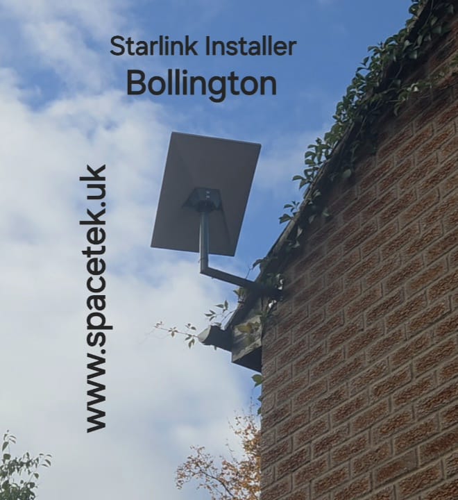 Starlink dish on an offset wall mount beside a brick building and vegetation in Bollington
